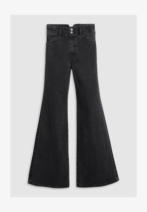 Jean flare noir en denim avec taille haute, comportant deux poches avant et une fermeture à bouton, mettant en valeur une texture de tissu lisse.