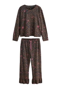 Set di pigiama con motivo leopardato composto da una maglia a maniche lunghe color marrone scuro con dettagli rosa e pantaloni abbinati con vita elastica e orli arricciati.
