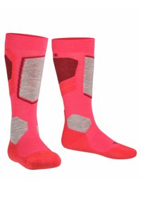 Calze rosa brillante con motivi geometrici grigi e rossi. Realizzate in materiale morbido, con una vestibilità aderente e polsini a coste. Accenti esagonali.