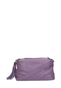 Borsa a tracolla viola in pelle con finitura testurizzata, chiusura zip e un perline decorativa. Presenta una tracolla regolabile.