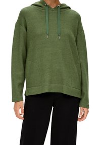 Groene hoodie gemaakt van zacht materiaal, met een kangoeroezak aan de voorkant, een capuchon met trekkoord en verlaagde schouders voor een ontspannen pasvorm.