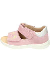 Pink suede sandals with an open toe, adjustable velcro straps, white sole, and embroidered floral design on the front. Silver heel accent.