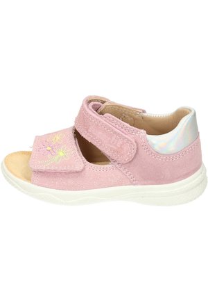 Pink suede sandals with an open toe, adjustable velcro straps, white sole, and embroidered floral design on the front. Silver heel accent.