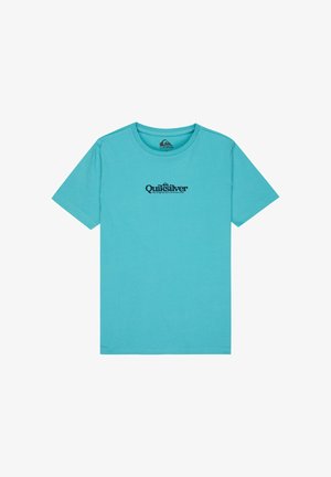 Tyrkysové tričko Quiksilver s krátkym rukávom, okrúhlym výstrihom a čiernym logom uprostred na hrudi.
