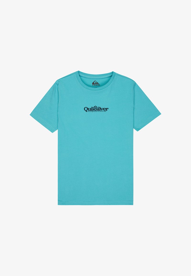 T-shirt Quiksilver turquoise à manches courtes avec encolure ronde et texte du logo noir centré sur la poitrine.