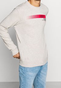 Ljusgrå sweatshirt i mjuk väv, med ett rött grafiskt tryck över bröstet samt ribbade ärmslut och nederkant. Kombinerad med blå jeans.