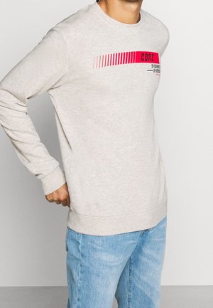 Light grey sweatshirt made of soft fabric, featuring a red graphic print across the chest, and ribbed cuffs and hem. Paired with blue jeans.