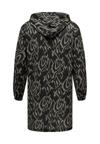 Veste à capuche à manches longues, noire et grise avec un motif, poignets élastiques, vue de dos.