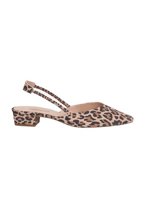 Leopard print slingback heels with a pointed toe, textured fabric, and a low block heel. Features dual slender straps for secure fit.