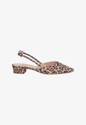 Leoprint Slingback-Pumps mit spitzem Zeh, strukturiertem Stoff und niedrigem Blockabsatz. Mit zwei schlanken Riemen für einen sicheren Sitz.