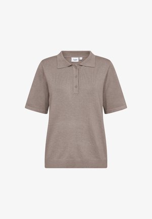 Polo shirt corto a maniche corte color marrone chiaro con colletto classico, patta a tre bottoni e orlo a costine. Realizzato in morbido tessuto texturizzato.