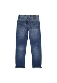 Jeans i medelblå denim med en något sliten yta, fem fickor och uppvikta ben. Har en svart midjebandsetikett.