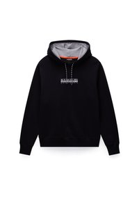 Felpa nera con cappuccio e interno grigio, con logo frontale bianco. Presenta lacci e polsini e orlo a coste.