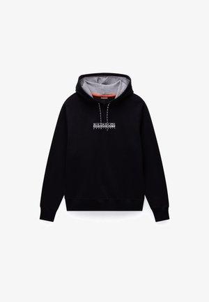 Black hooded sweatshirt with a gray interior, featuring a front logo in white. It has drawstrings and ribbed cuffs and hem.