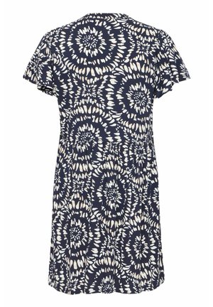 Navy jurk met een abstract bloemenpatroon in het wit, korte flutter mouwen, verzamelde taille en een relaxed fit. Zachte stoftextuur.