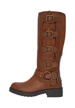 Braune Lederkniehohe Stiefel mit mehreren Schnallenakzenten, einer abgerundeten Spitze und einer stabilen, dicken schwarzen Sohle.