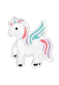 Spilla a forma di unicorno bianco con contorni argentati, caratterizzata da dettagli turchesi e rosa pastello sulle ali e sulla criniera. Occhi neri e corno rosa.