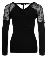 Černý top s dlouhými rukávy a krátkými krajkovými rukávy, texturovaná žebrovaná tkanina, výstřih do V a krajkový detail na zádech s mašličkou.