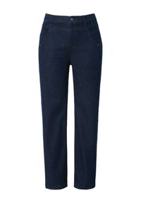 Pantalones de mezclilla azul oscuro con un corte recto, que cuentan con un cierre de botón, bolsillos cosidos y una tela texturizada. No hay patrones visibles.