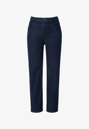 Granatowe dżinsy o prostym kroju, z zapięciem na guzik, wyszywanymi kieszeniami i teksturowanym materiałem. Bez widocznych wzorów.