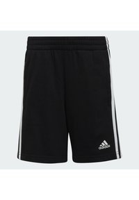 Pantaloni спортивivi neri con vita elastica, caratterizzati da strisce laterali bianche e un logo Adidas nell'angolo in basso a destra. Tessuto misto cotone.