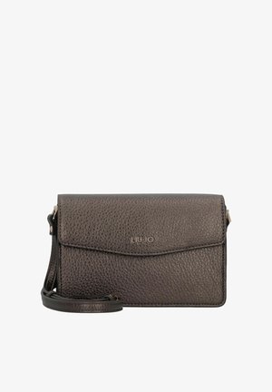Dark brown textured leather crossbody bag with a flap closure and adjustable strap, featuring a small gold "LIU JO" logo on front.