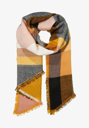 Écharpe en tissu doux avec un grand motif à carreaux en jaune moutarde, noir, blanc, rose, marron et gris, avec des bords frangés.