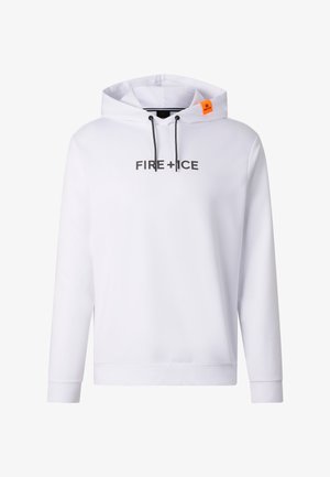 White hooded sweatshirt with black drawstrings and "FIRE + ICE" text across chest, featuring small orange tag on hood.