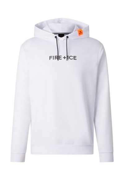 White hooded sweatshirt with black drawstrings and "FIRE + ICE" text across chest, featuring small orange tag on hood.