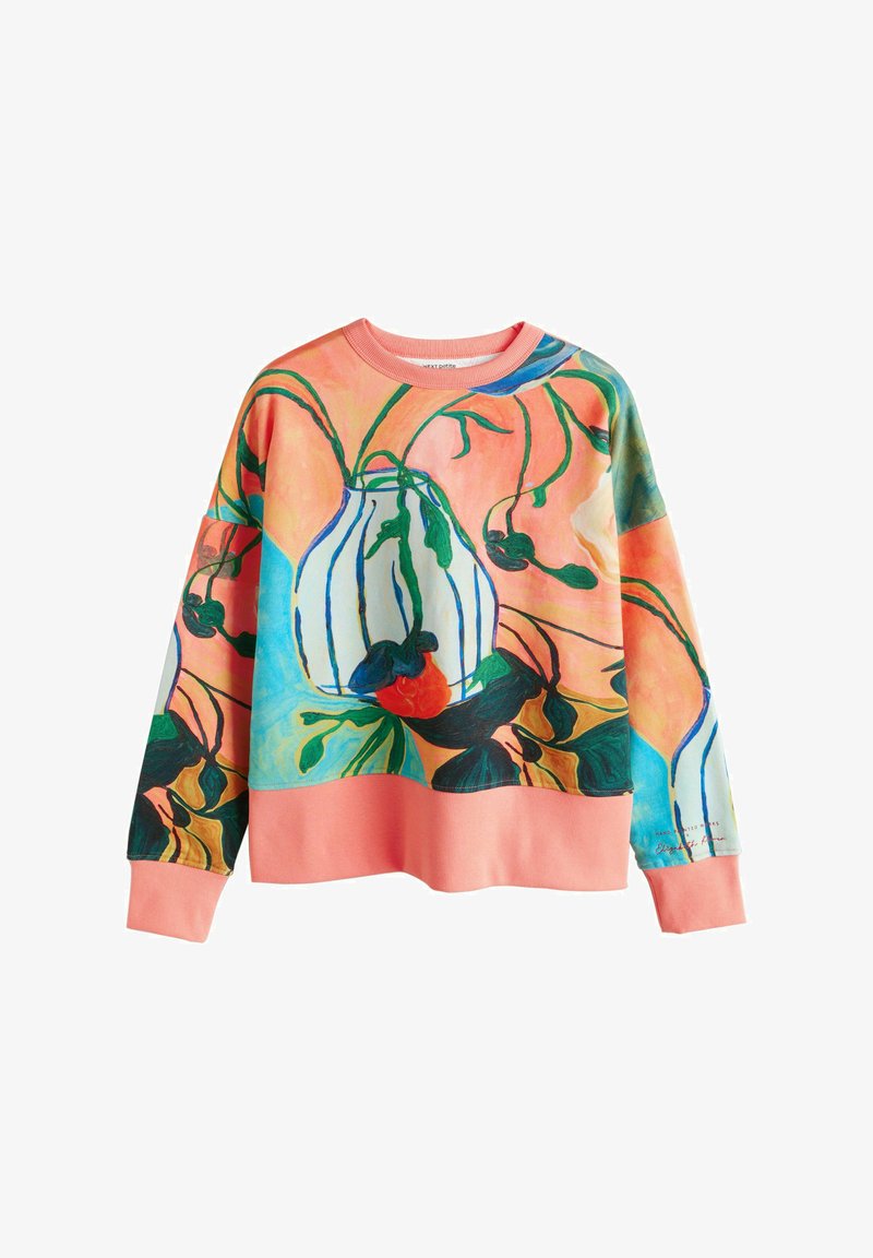 Sweatshirt coloré avec un motif floral en nuances de bleu, vert et rose, doté d'un col rond et de poignets côtelés corail.