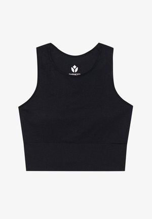 Top cropped preto canelado com um decote redondo e alças largas. Apresenta um design sem costuras e um logótipo minimalista na parte da frente.