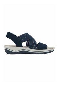 Navy blue sandal with cross-strap design, breathable mesh upper, cushioned footbed, and white rubber outsole with textured grip.