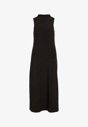 Black sleeveless maxi dress with high neckline and a straight, fitted silhouette.