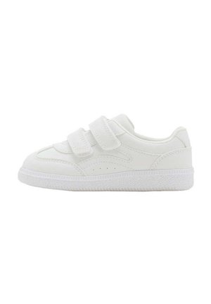 Biały niski sneaker z dwoma regulowanymi paskami na rzep oraz teksturowaną gumową podeszwą, pokazany od strony zewnętrznej.