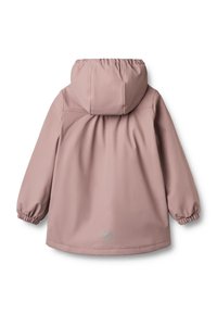 Rosa vattentät jacka med huva, elastiska ärmslut och avslappnad passform. Har en slät yta och en logotypdetalj på den nedre delen.