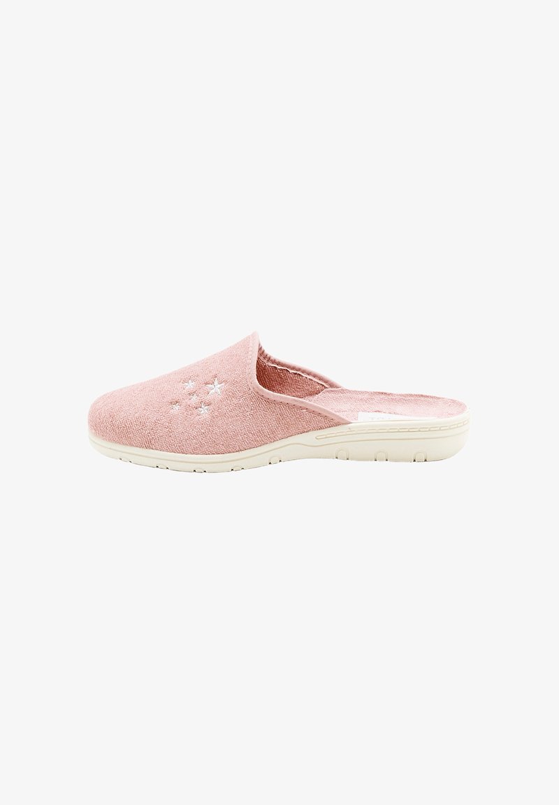 Chausson glissant en tissu éponge rose avec broderie d'une étoile blanche et semelle en caoutchouc blanche, présenté en profil latéral sur fond blanc.