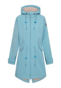 Giacca con cappuccio azzurro chiaro, con chiusura a zip, cordoncini regolabili, due tasche laterali e una texture interna a contrasto.