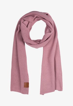 Sweterkowy szal w miękkim różowym kolorze, z prążkowaną teksturą i skórzaną metką. Długi i prostokątny kształt dla wszechstronnych stylizacji.