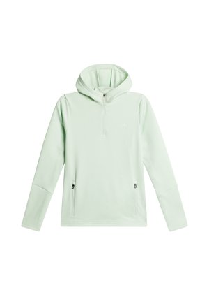 Ljus myntgrön hoodie i mjukt material, med halvdragkedja fram, två sidofickor och dragsko i huvan. Strukturerad yta.