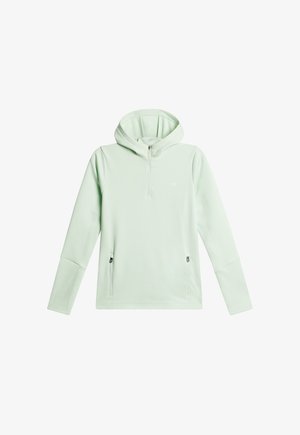 Ljus myntgrön hoodie i mjukt material, med halvdragkedja fram, två sidofickor och dragsko i huvan. Strukturerad yta.