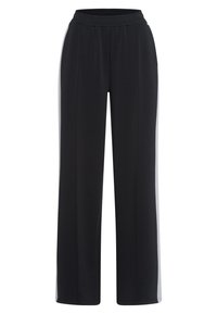 Black wide-leg pants with an elastic waistband, featuring smooth fabric and pin-tuck detailing on the sides for added design interest.