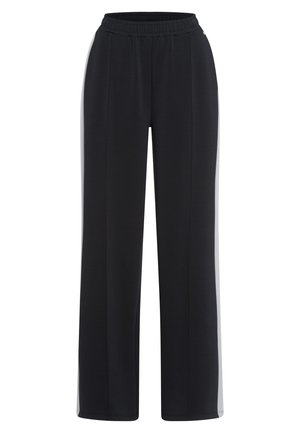 Schwarze, weit geschnittene Hose mit elastischem Bund, aus glattem Stoff mit feinen Steppnähte an den Seiten für zusätzlichen Design-Interesse.
