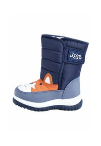 Námorně modrá zateplená bota s šedou podrážkou, se designem oranžové liščí tváře a bílými akcenty, označená nápisem "JoJo" na boku.