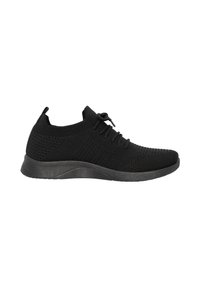 Zwarte sportschoenen met een gebreide bovenkant, gestructureerd design, elastische veters en een gevoerde rubbere zool.