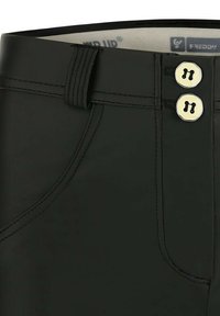 Black trousers with a smooth texture, featuring two round, cream-colored buttons and subtle stitching details near the waistband.