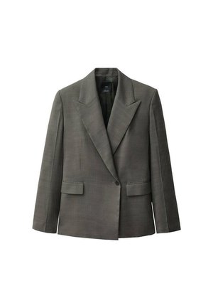 Tailored gray blazer with a sharp collar, two front pockets, and a single button closure. Made from textured fabric, offering structured fit.