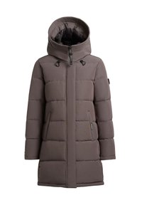 Padded brown insulated parka with a high collar and large hood. Features two side pockets, zippers, and adjustable toggles on the hood.