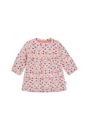 Robe longue à manches longues à motif floral en rose clair, avec des motifs rouges, bleus et jaunes. Tissu doux avec taille plissée et décolleté rond.