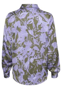 Camicia a maniche lunghe con un motivo astratto in viola e verde oliva; realizzata in tessuto morbido con colletto classico e maniche arricciate.