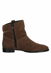Brown suede ankle boot with a side zipper, rounded toe, and low black heel. Features subtle stitching and a slouchy appearance.
